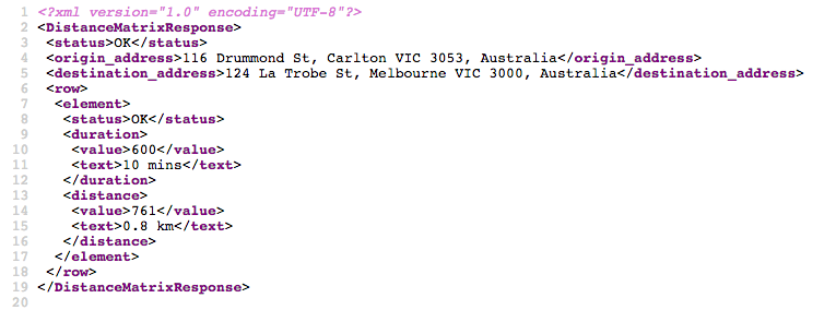 Screenshot of response from Google Maps Distance Matrix API