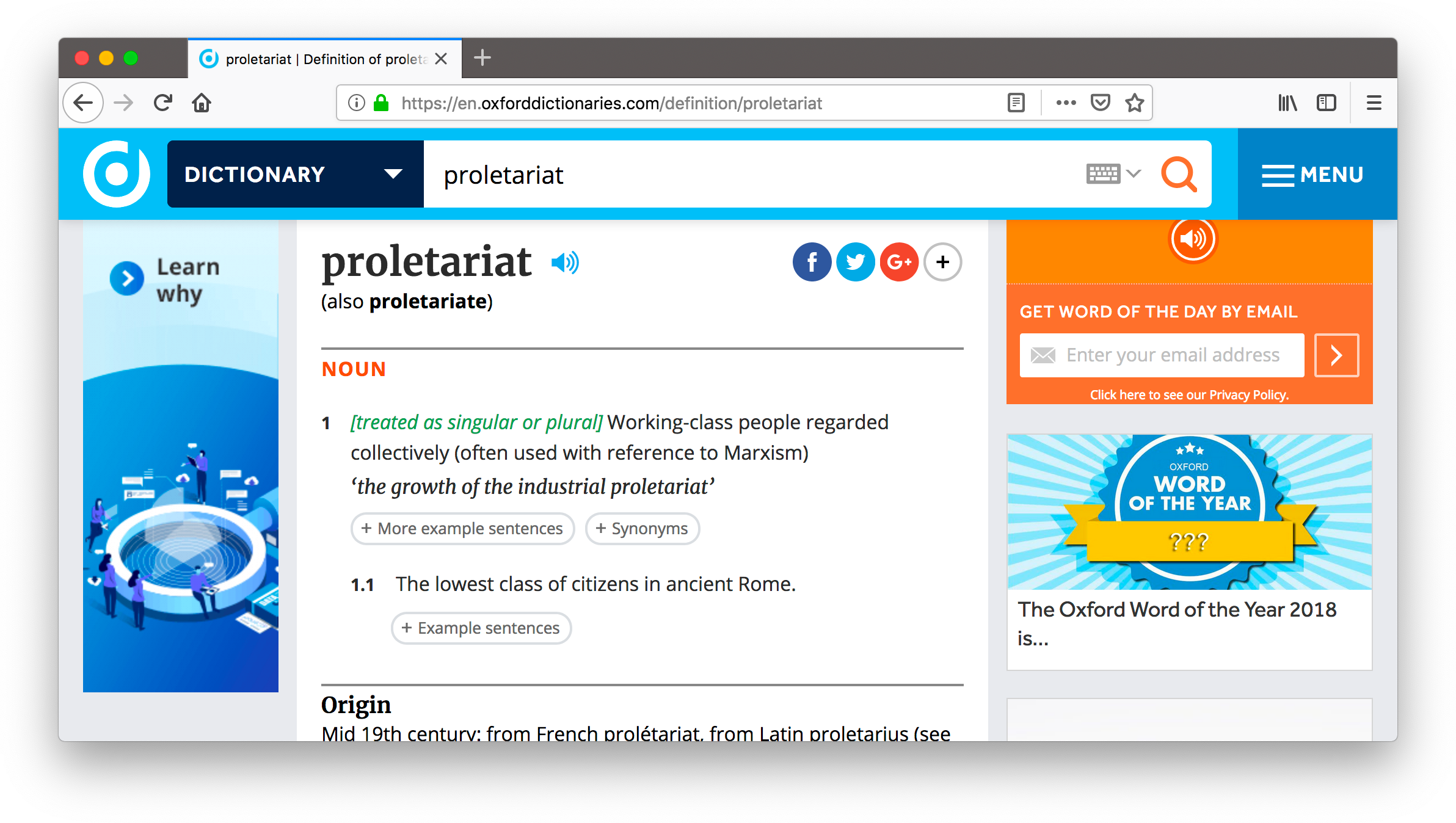 Screenshot of the definition of “proletariat”.