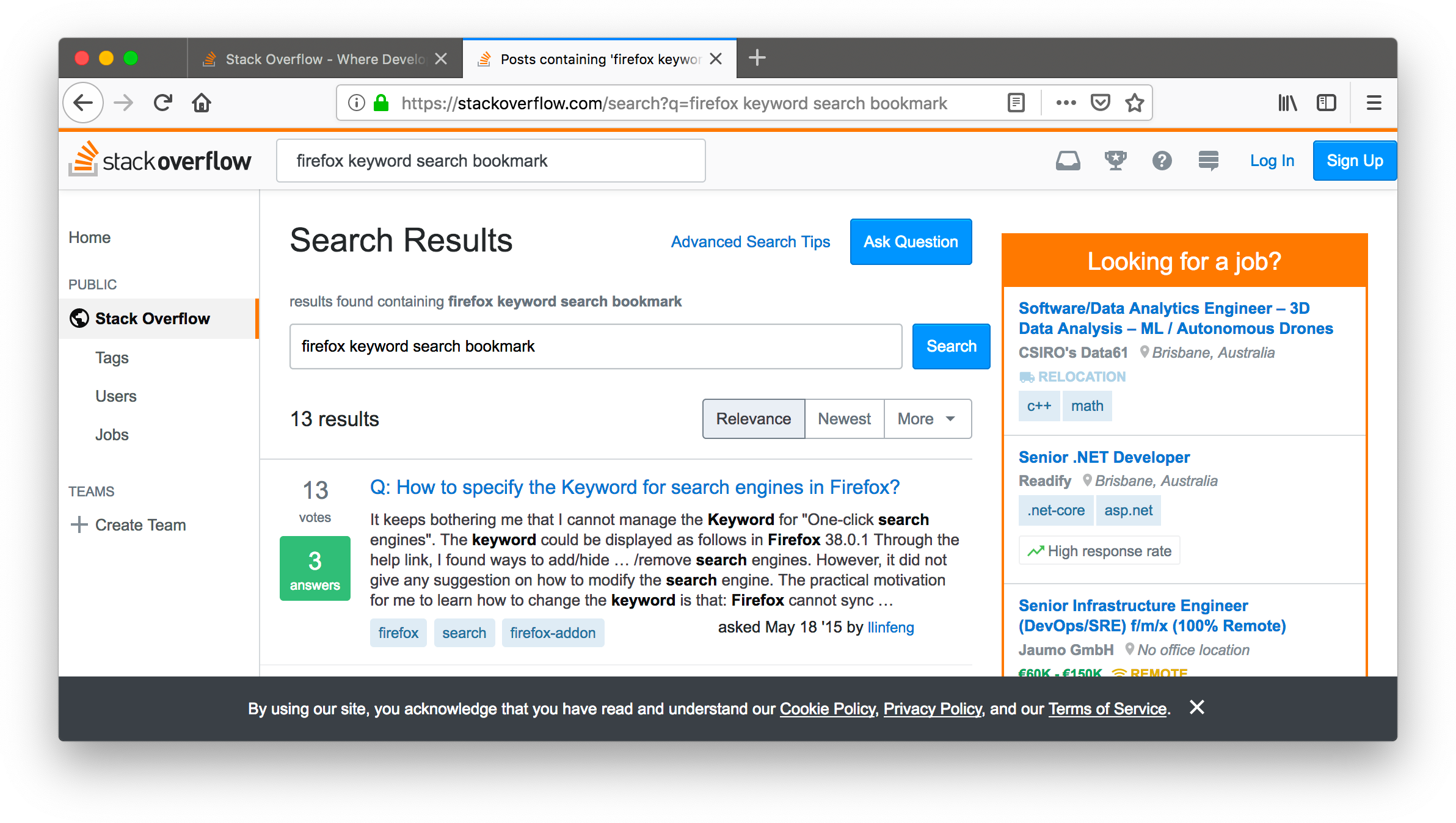 Screenshot of typing the results page of StackOverflow after searching for “firefox keyword search bookmark”.