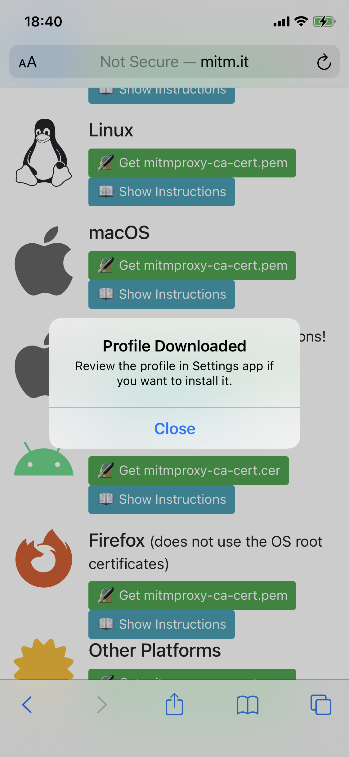 Screenshot of the certificate installation process, part 2