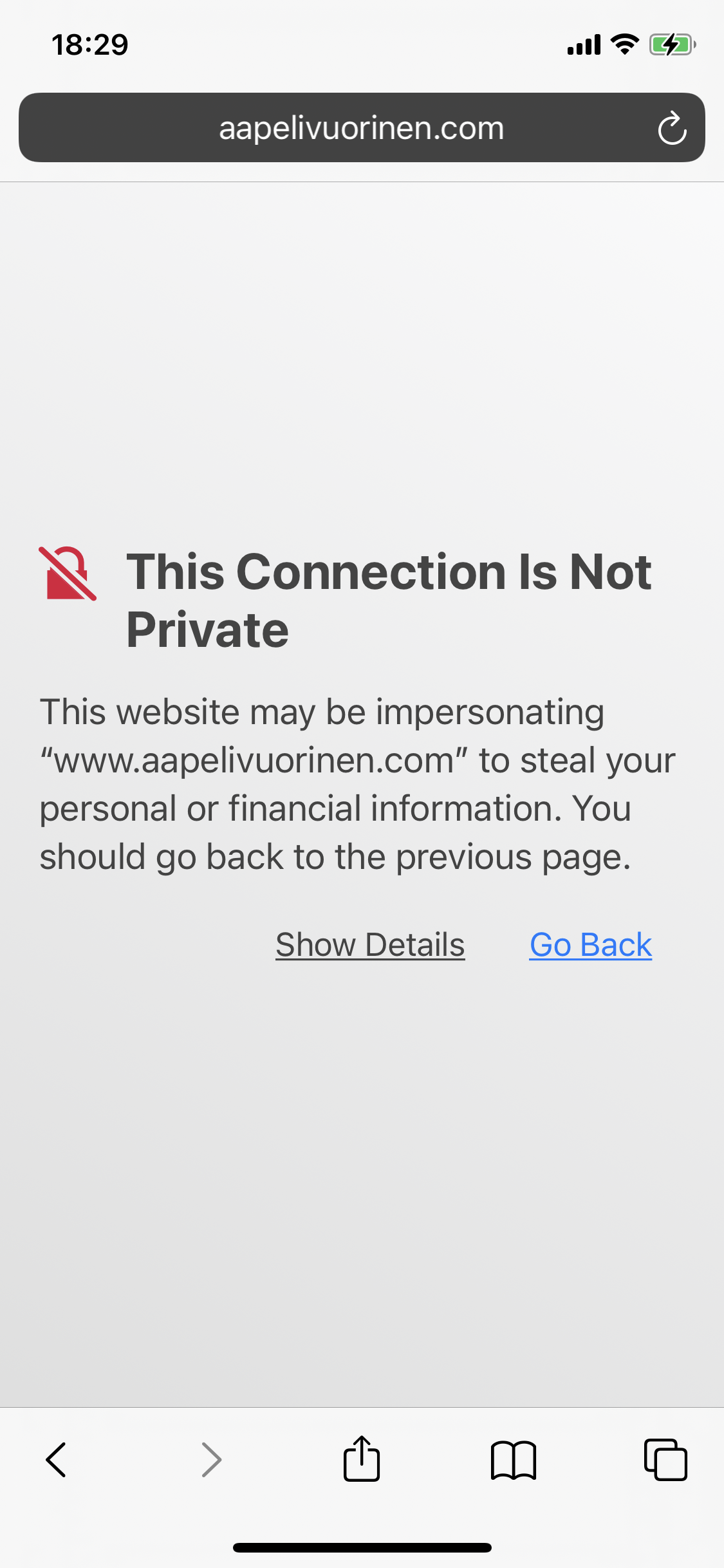 Screenshot of Safari on iPhone showing an invalid certificate warning screen on www.aapelivuorinen.com