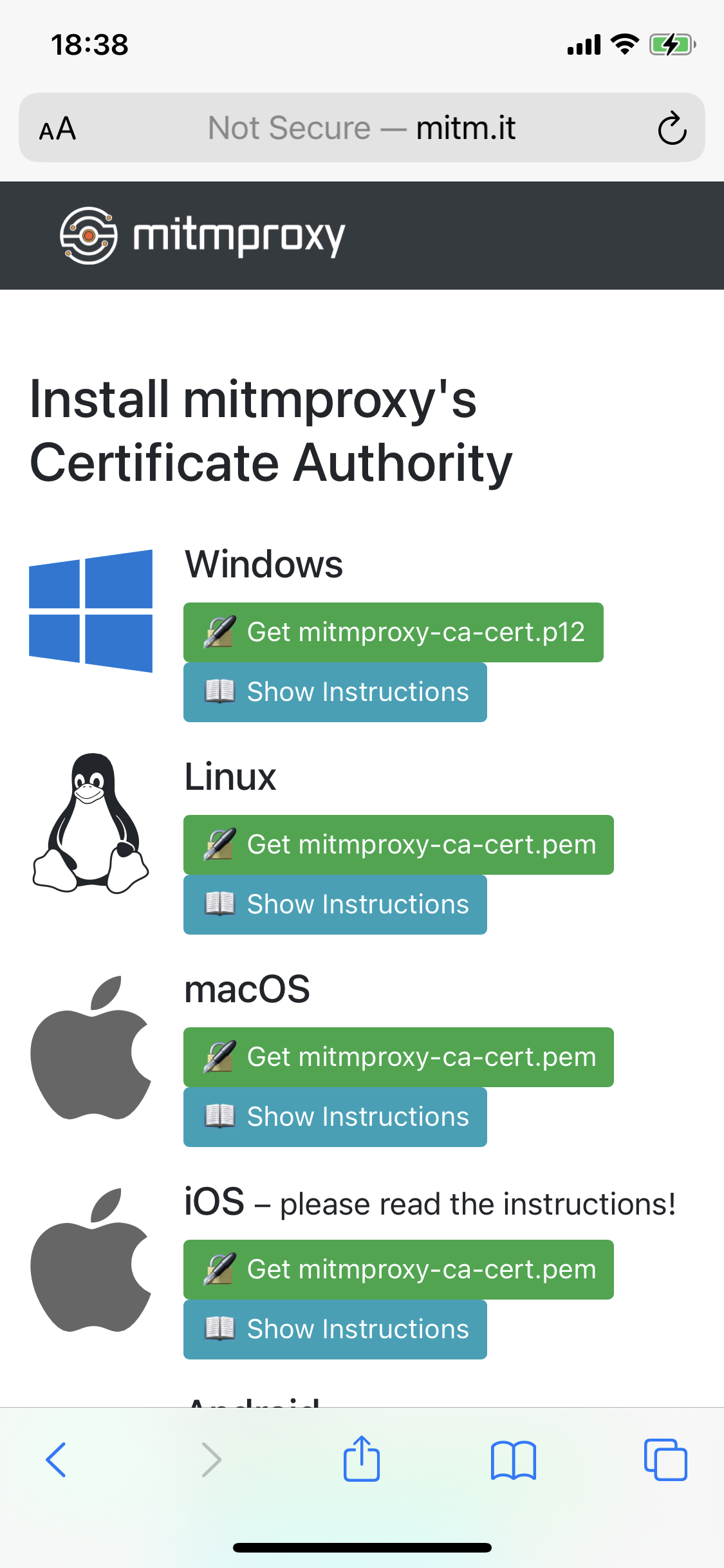 Screenshot of mitm.it showing the certificate installation page