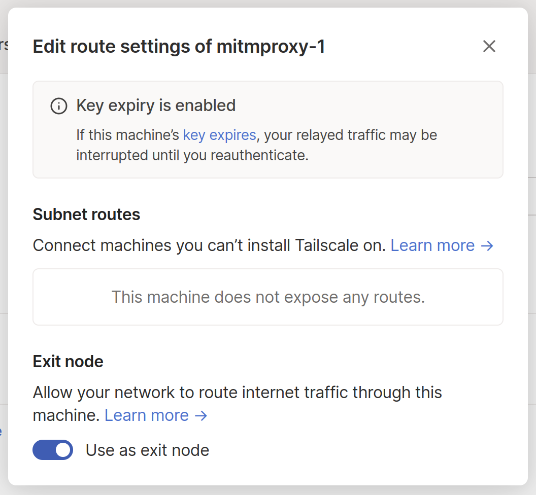 Screenshot of the settings screen in the Tailscale admin screen to turn a node on as an exit node